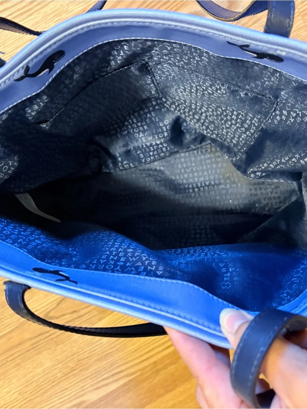 kate spade light blue tote with black whale print